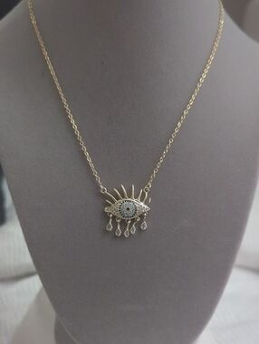Gold Tone  Evil Eye Pendant Necklace with Blue Accent